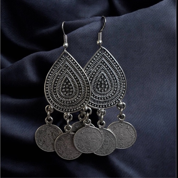 Heavy Boho Earrings 25g Faux Middle Eastern Coin Drops 3” Gypsy Festival Style - Picture 4 of 4
